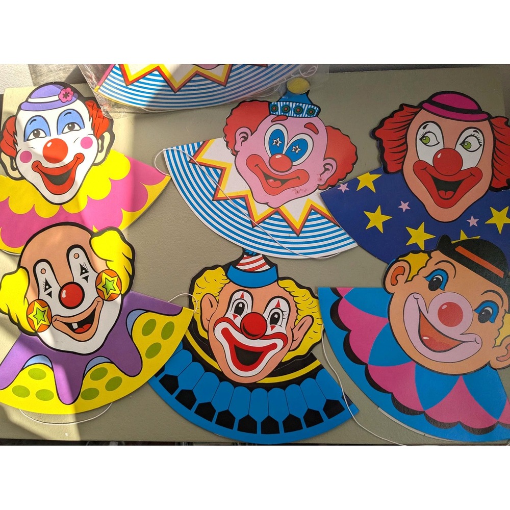 Vintage Clown Party Hats NOS Set of 6 Unopened Carnival Birthday Decorations